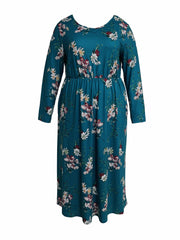  Floral Print Long Sleeve Round Neck Dress