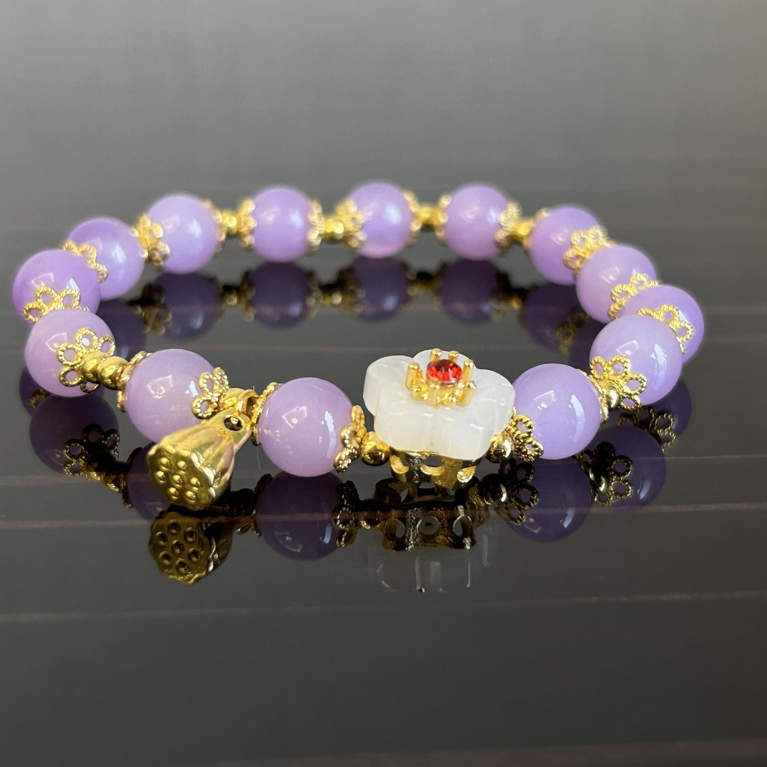 Purple Bead Bracelet with Peach Blossom & Lotus - Ideal Gift for Her
