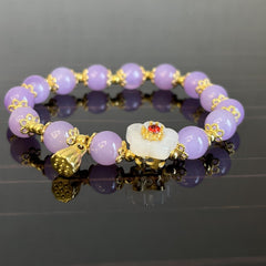 Purple Bead Bracelet with Peach Blossom & Lotus - Ideal Gift for Her