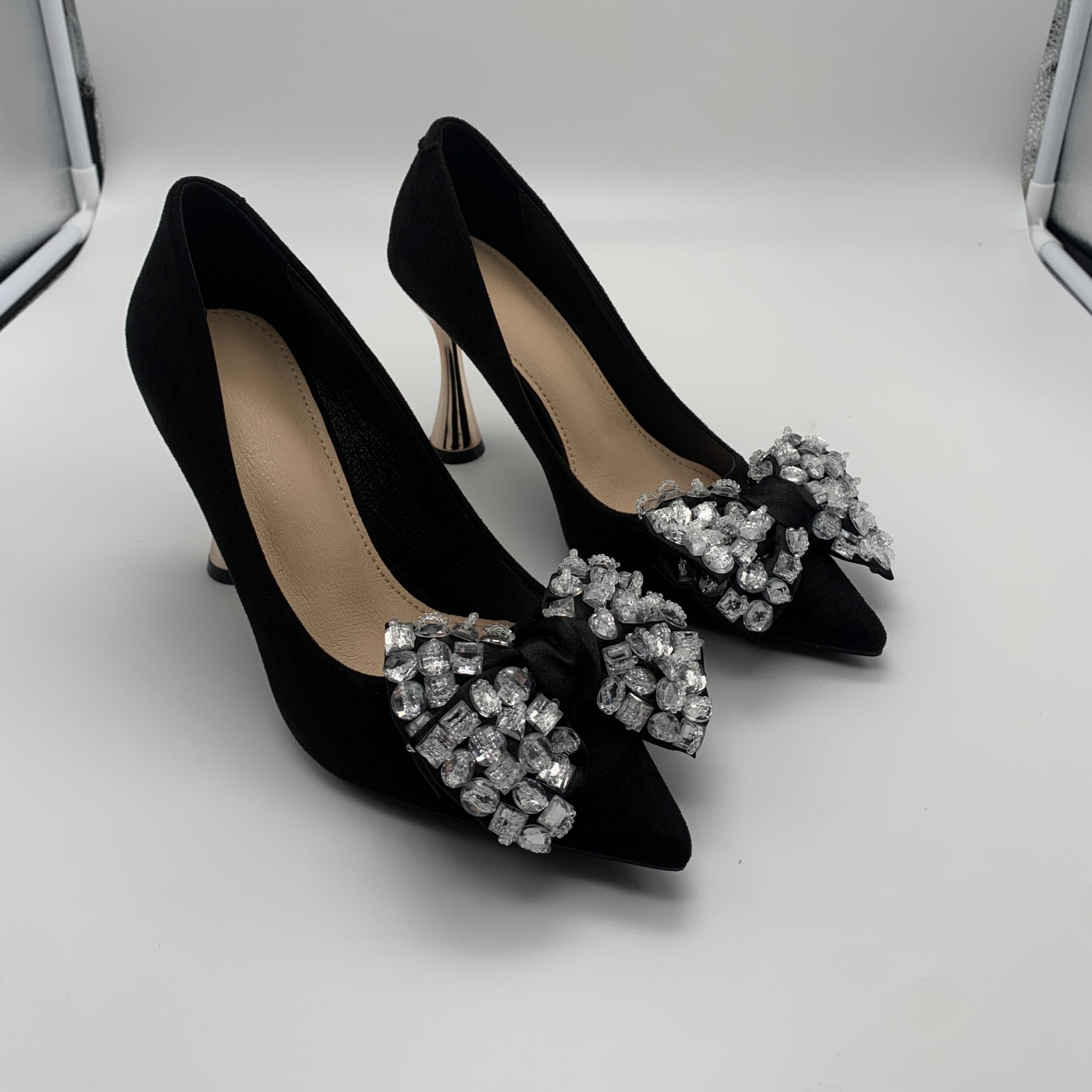 Rhinestone Bow High Heel Pointy Pumps Slip On Dress Shoes