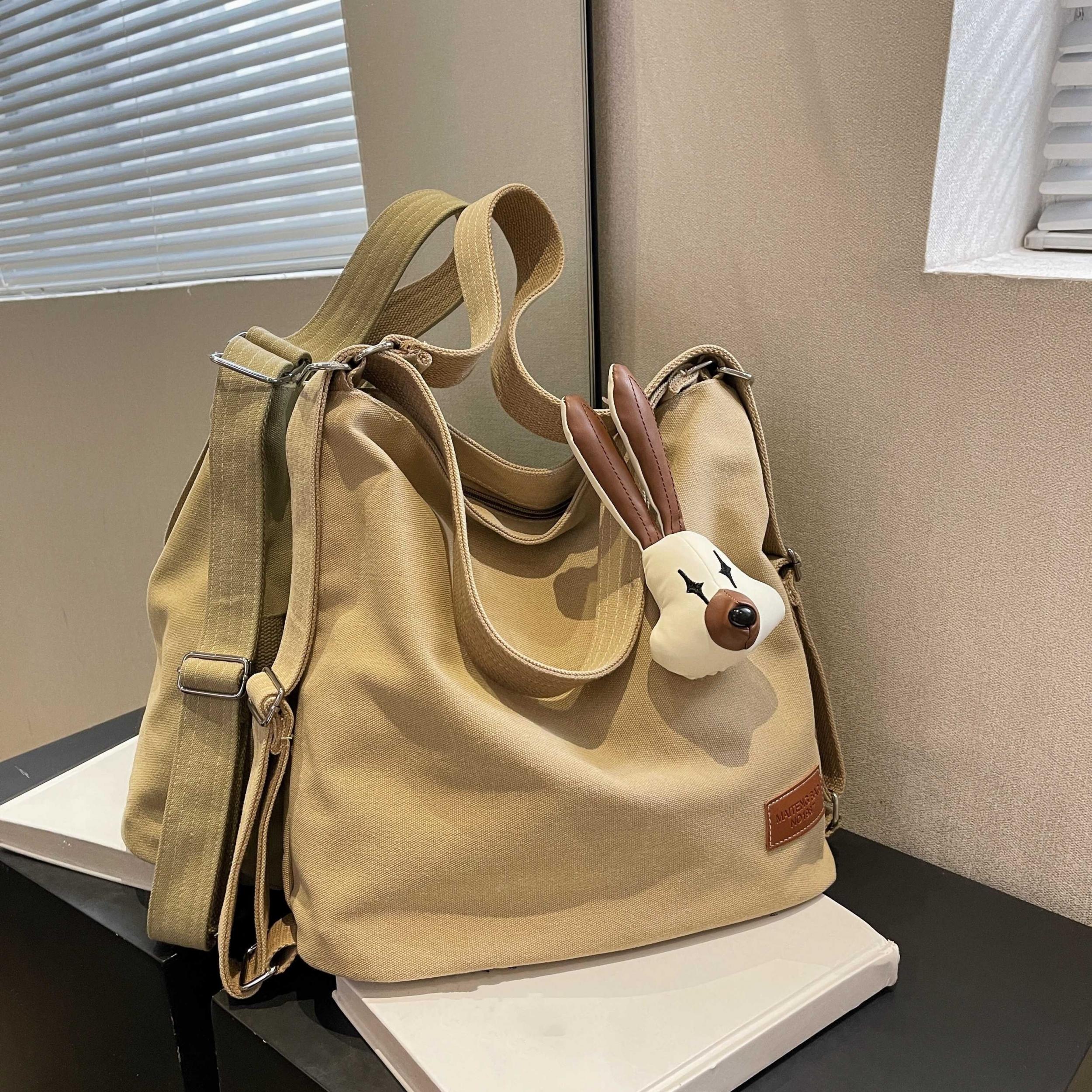 Khaki Canvas Durable Handbag Zipper Large Capacity Shoulder Bag