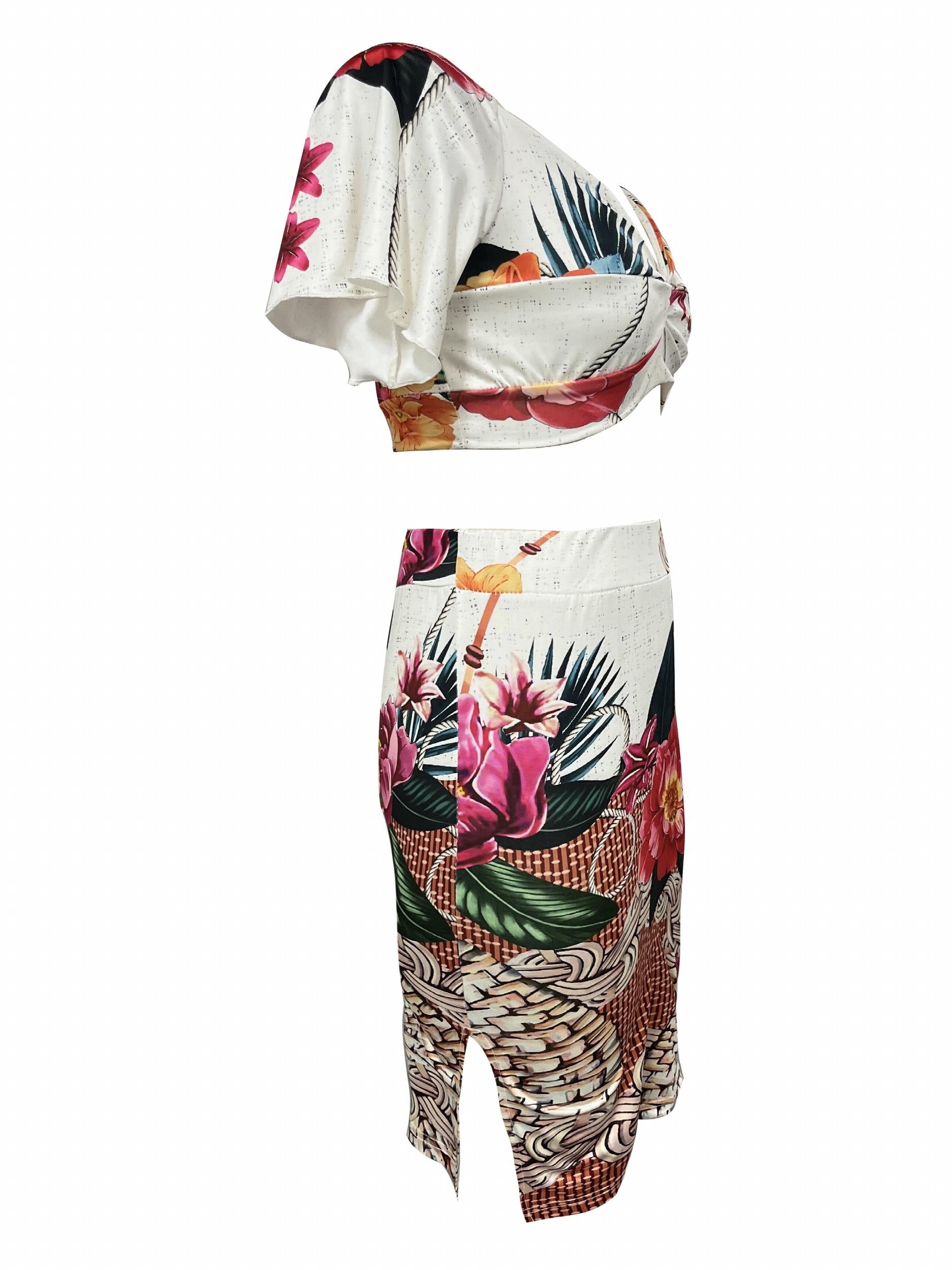 Floral Print Two piece Skirt Set Crop Sweetheart Neck Top & High Waist