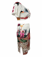 Floral Print Two piece Skirt Set Crop Sweetheart Neck Top & High Waist