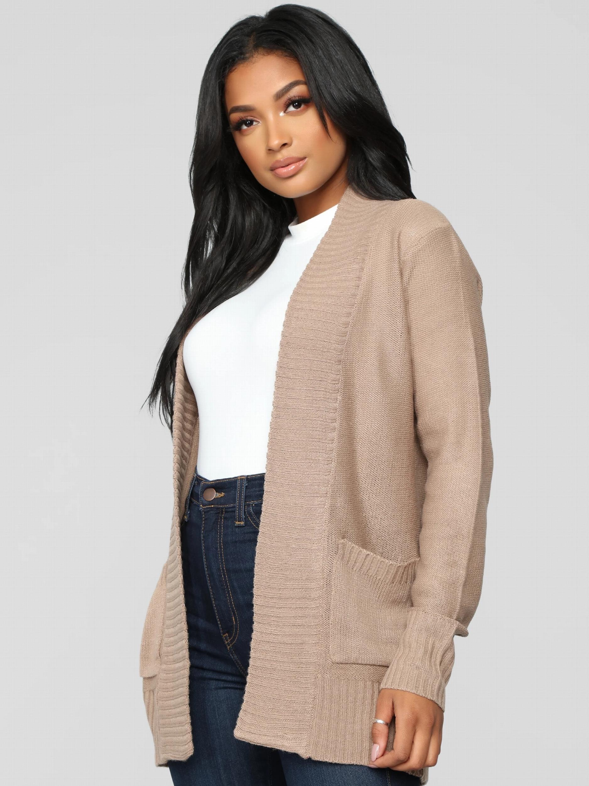  Solid Long Sleeve Open Front Sweater Cardigan With Pockets