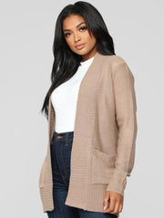  Solid Long Sleeve Open Front Sweater Cardigan With Pockets