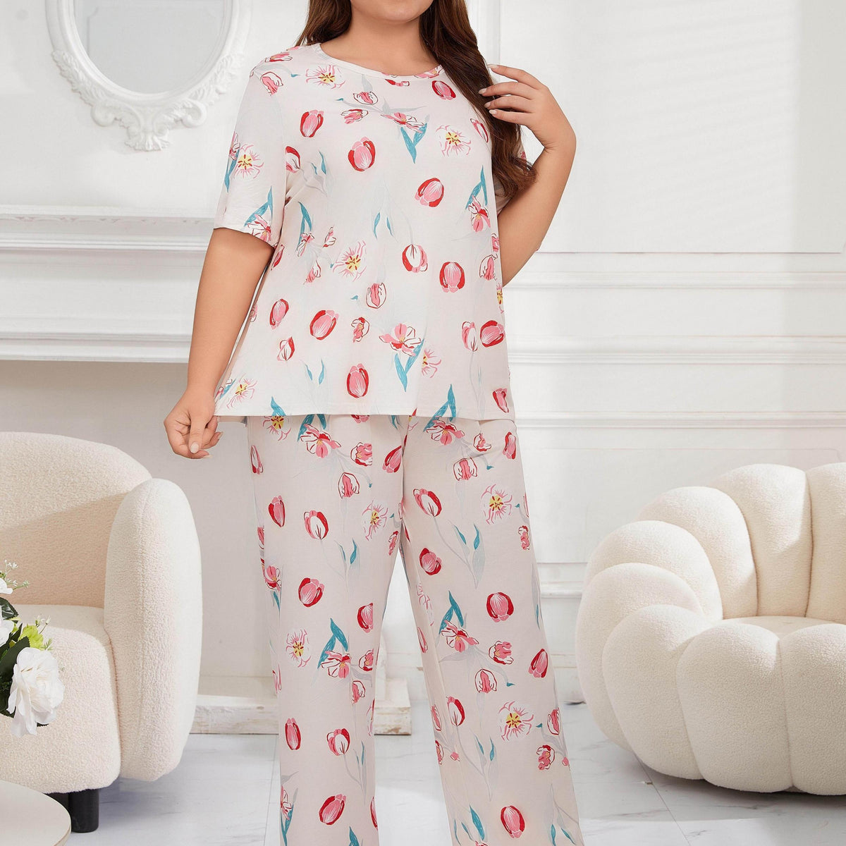  Tulip Print Short Sleeve Tee & Pants Pajamas Set