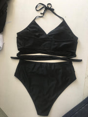  Solid Back Knot Bikini Set Women's Plus High Stretch Swimsuit 2pcs