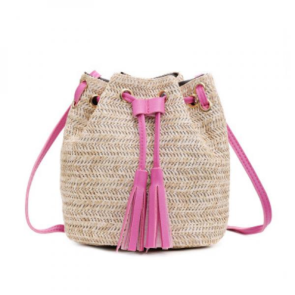 Vintage Small Rattan Bucket Bag Tassel Drawstring Shoulder Bag