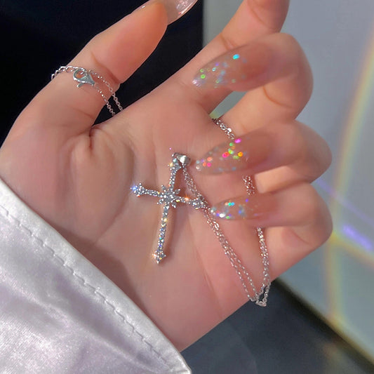 Zircon Star Cross Necklace Silver Plated Jewelry For Women Men
