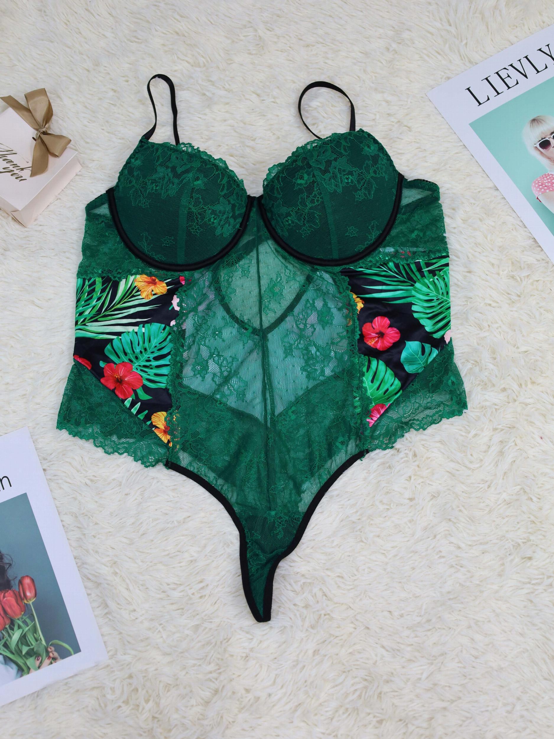  Tropical Print Lace Underwire Teddy Bodysuit