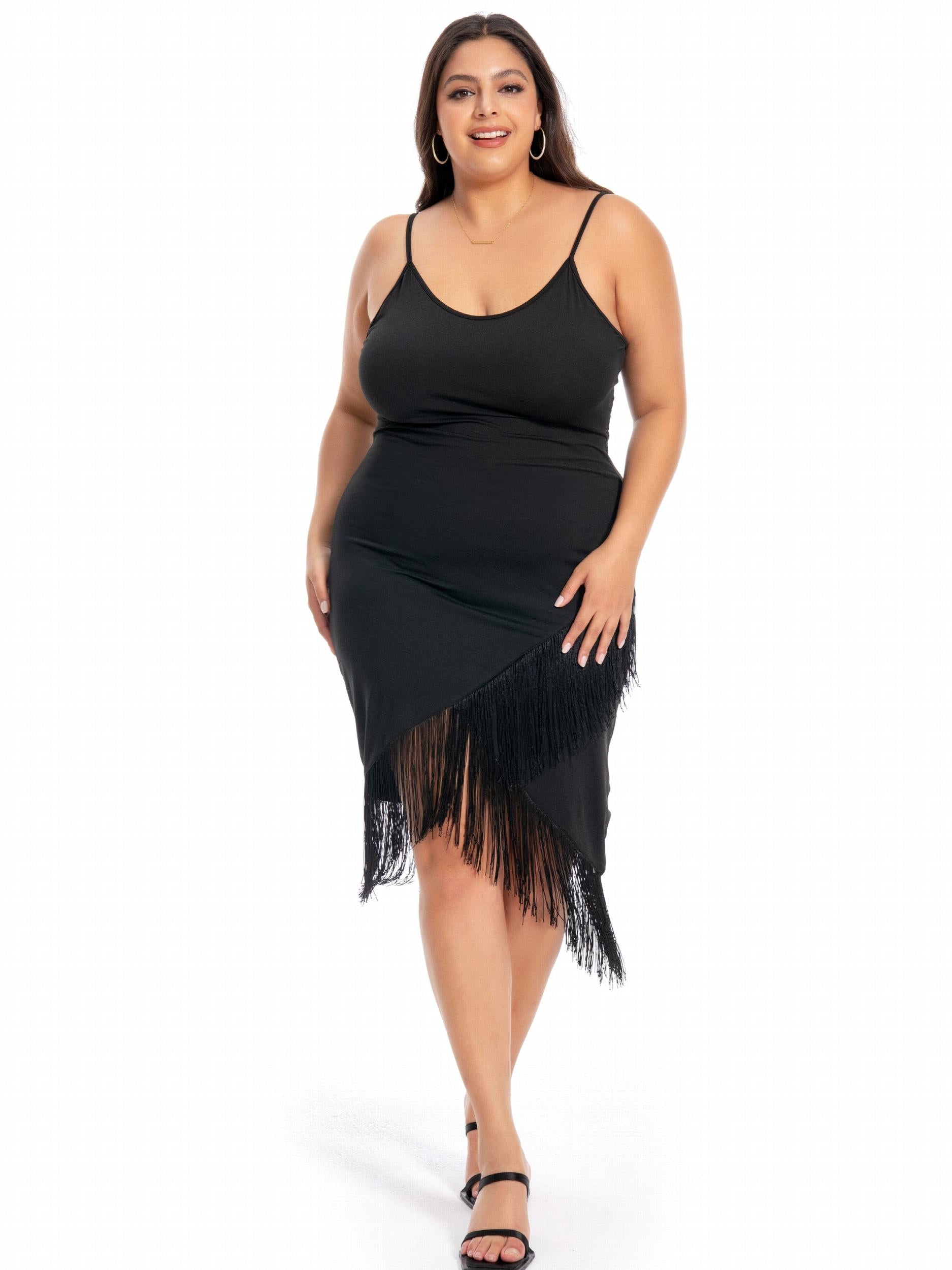  Solid V Neck Fringe Trim Cami Dress