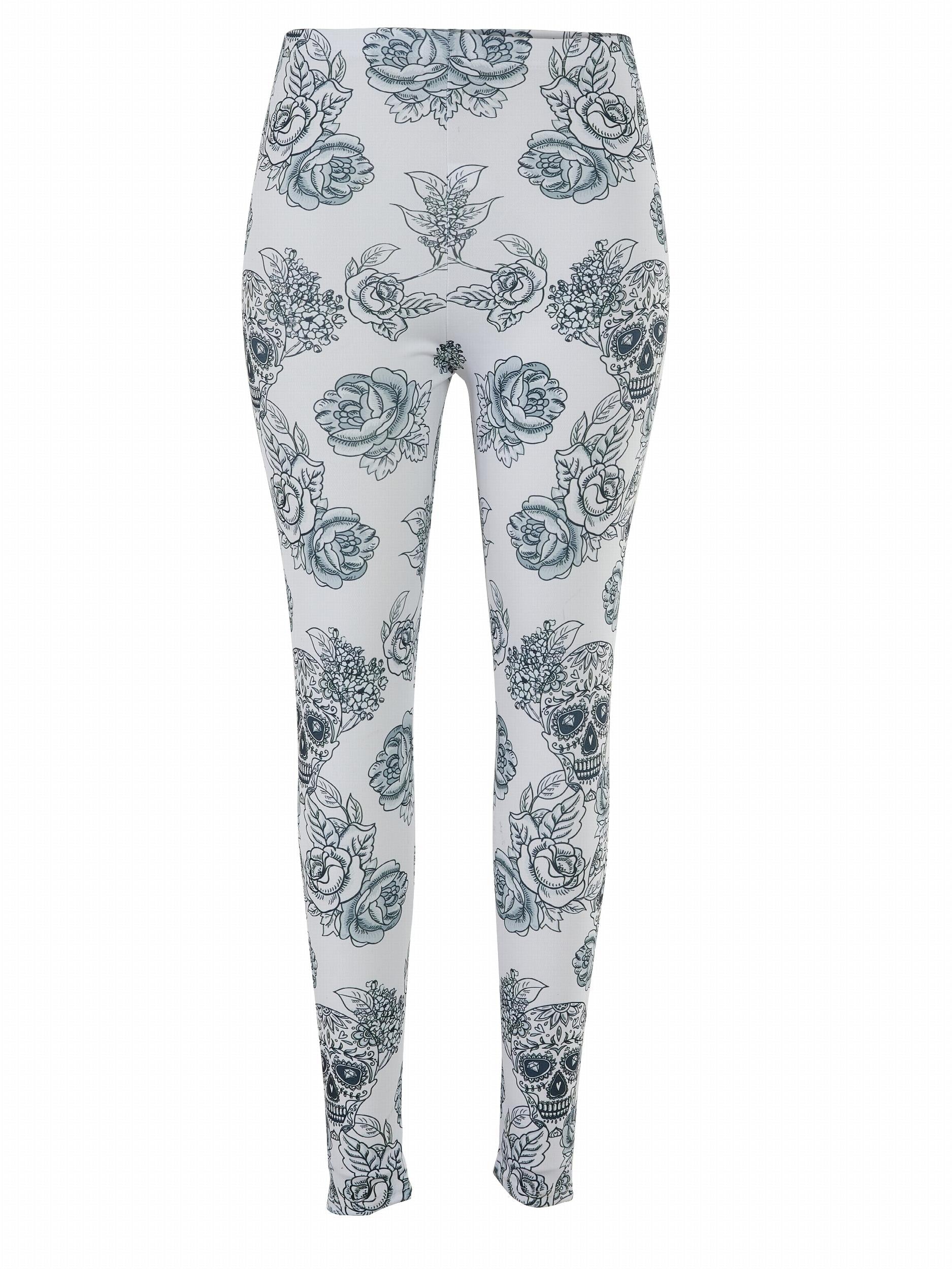Skull & Floral Print Skinny Leggings Casual Stretchy Leggings