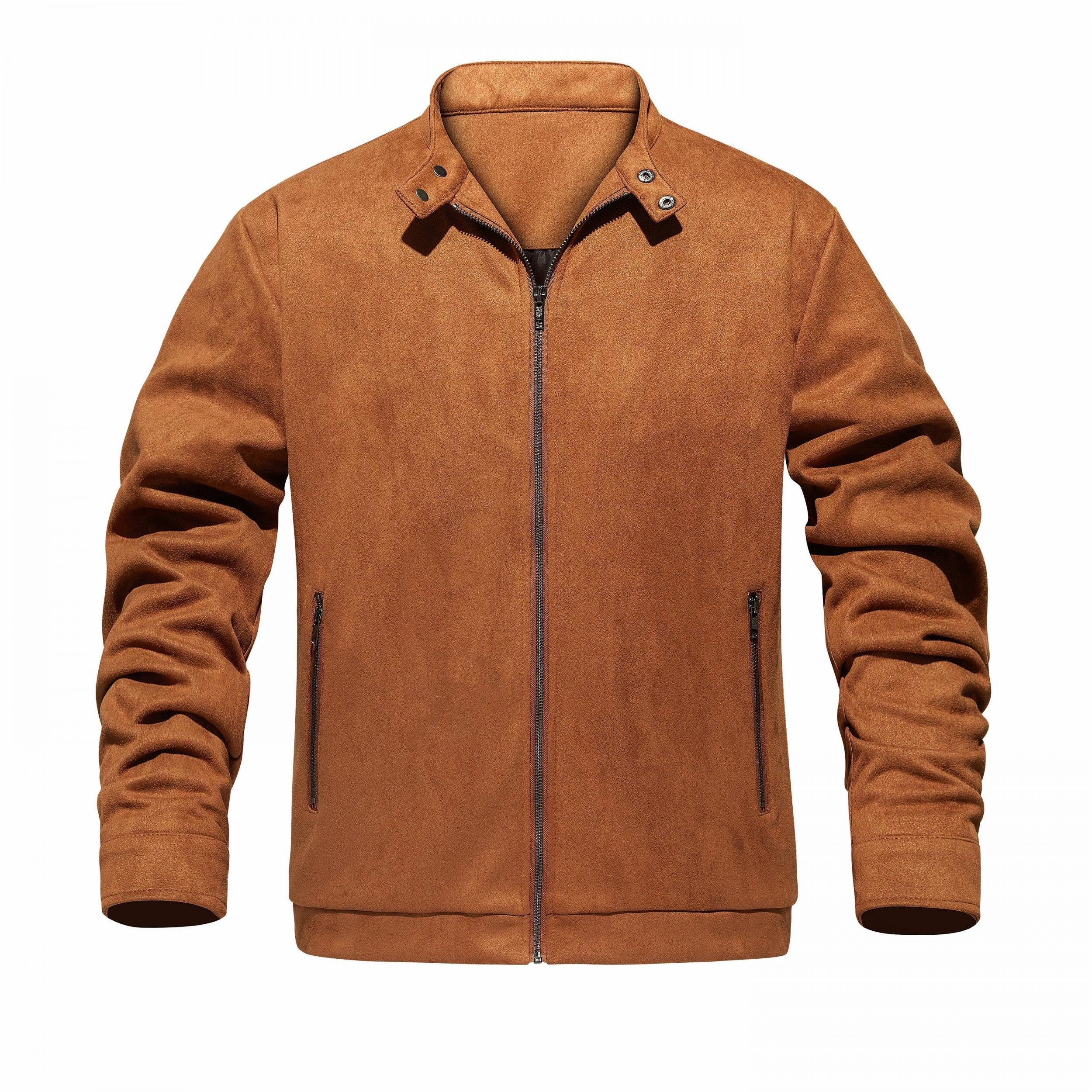 PU Jacket Men's Solid Zip Up Stand Collar Faux Leather Jacket