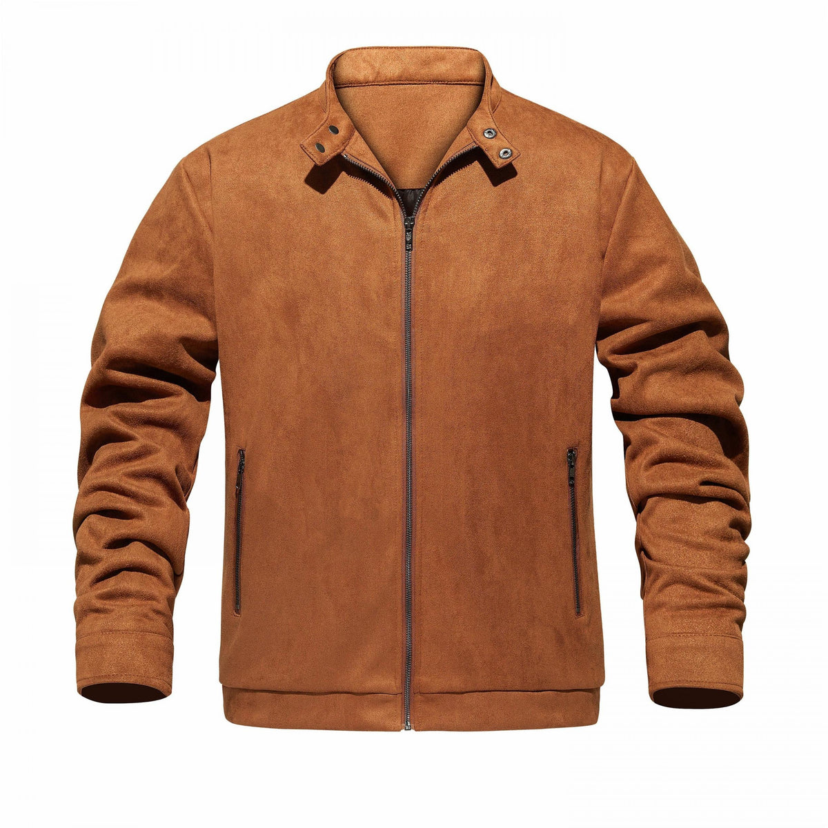 PU Jacket Men's Solid Zip Up Stand Collar Faux Leather Jacket