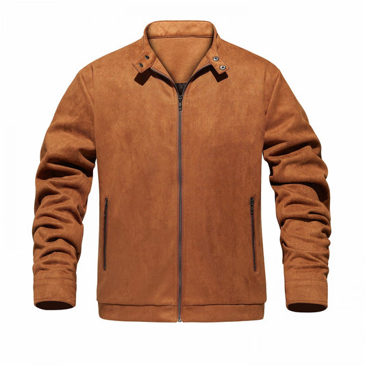 PU Jacket Men's Solid Zip Up Stand Collar Faux Leather Jacket