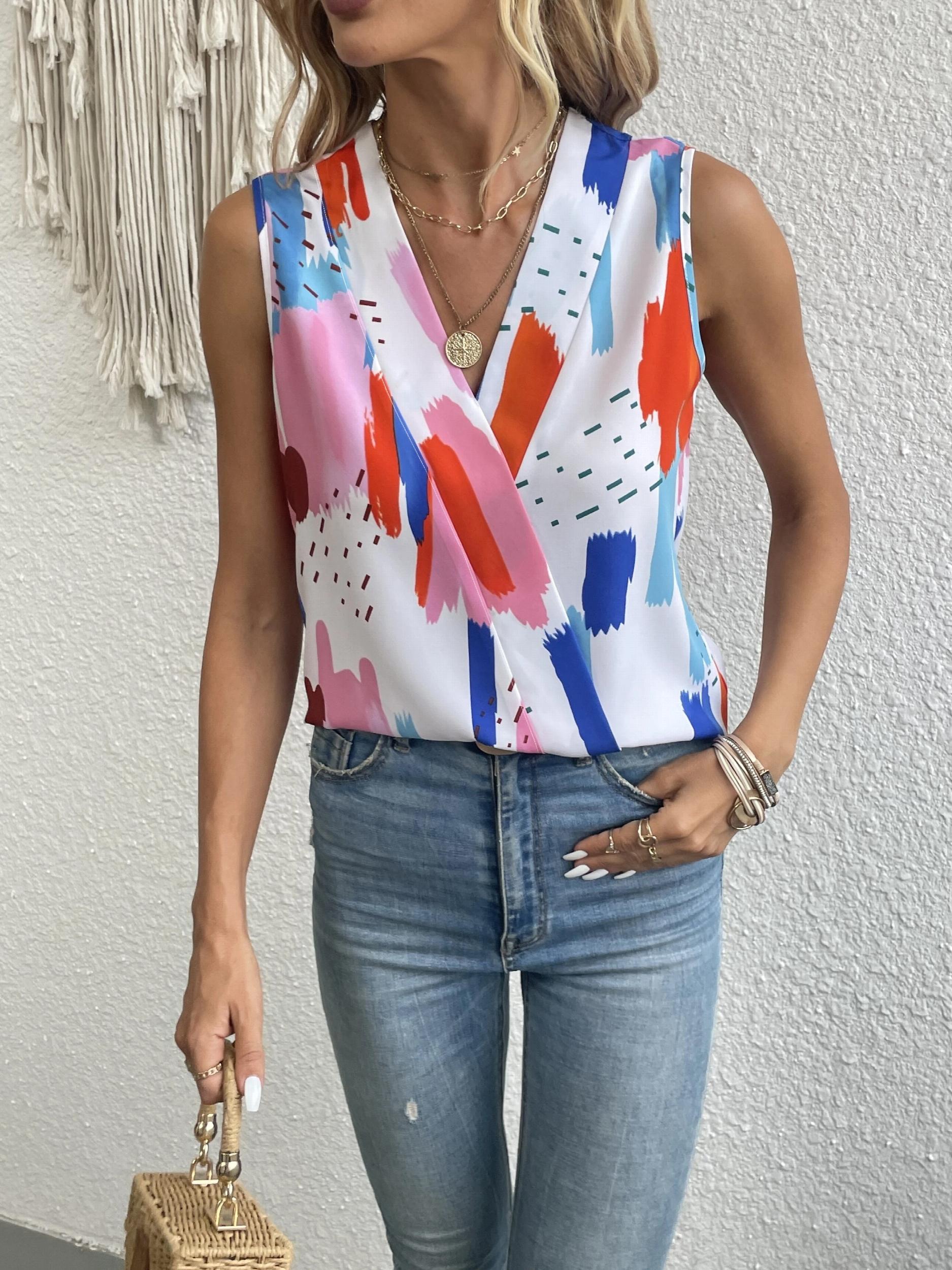 Graphic Print V Neck Tank Top Sleeveless Tank Top