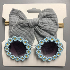 2pcs Baby Girls Bowknot Hairbands & Flower Sunglasses Set