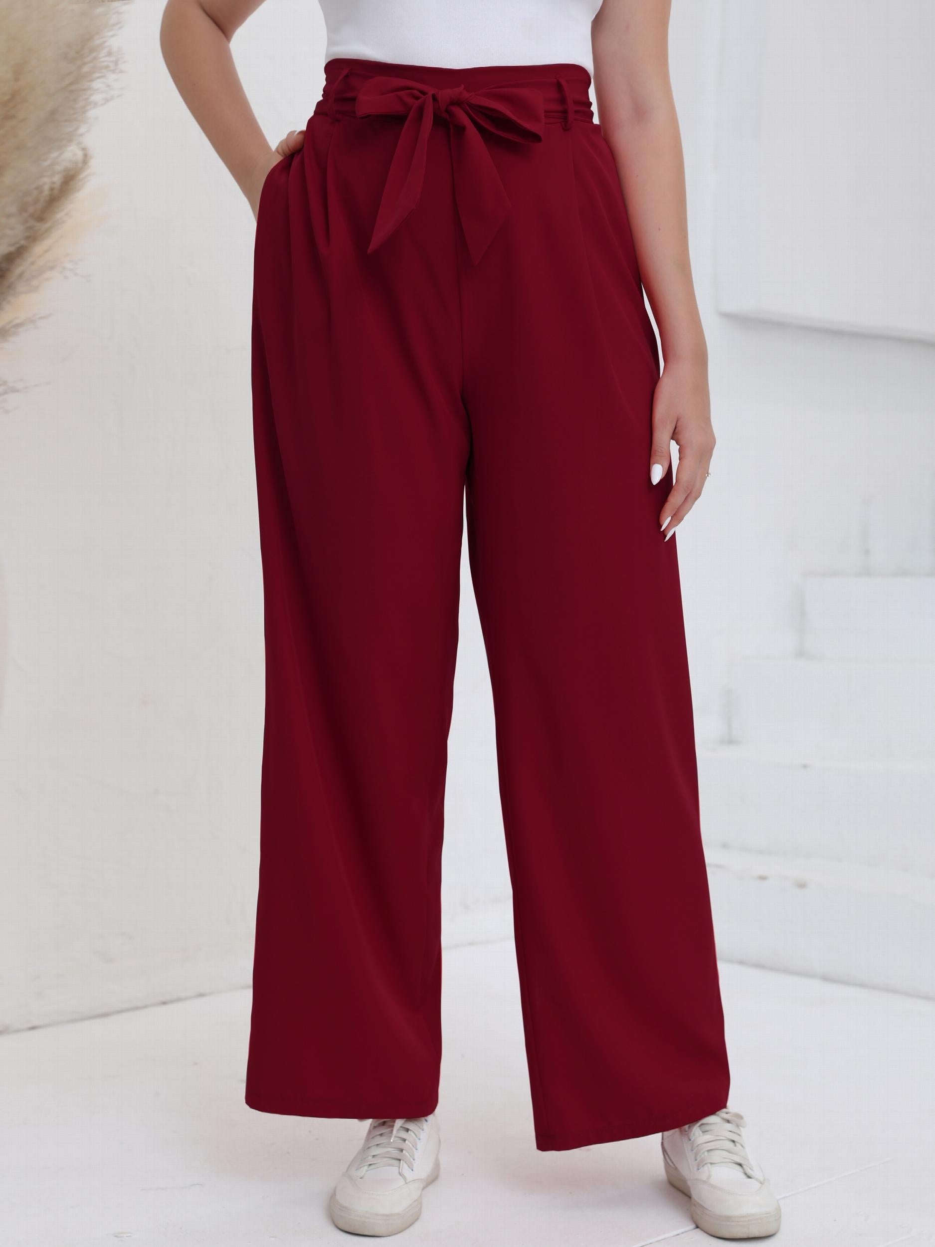  Solid High Rise Wide Leg Trousers With Belt