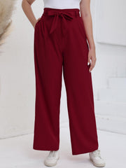  Solid High Rise Wide Leg Trousers With Belt