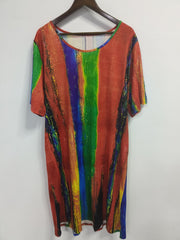  Colorblock Stripe Print Short Sleeve Casual Dress With Pockets