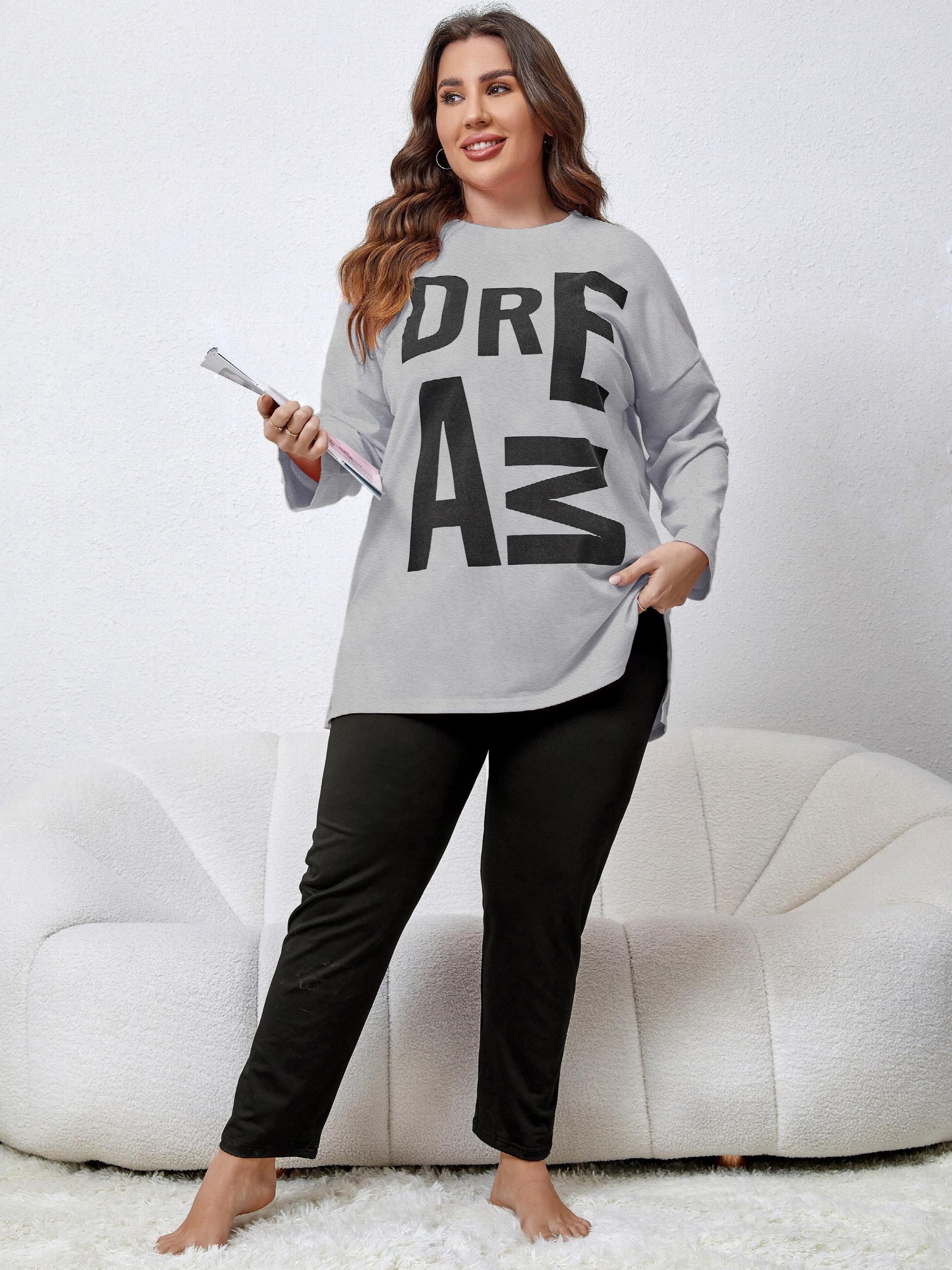  Lounge Set Women's Plus Letter Print Long Sleeve Tee & Pants
