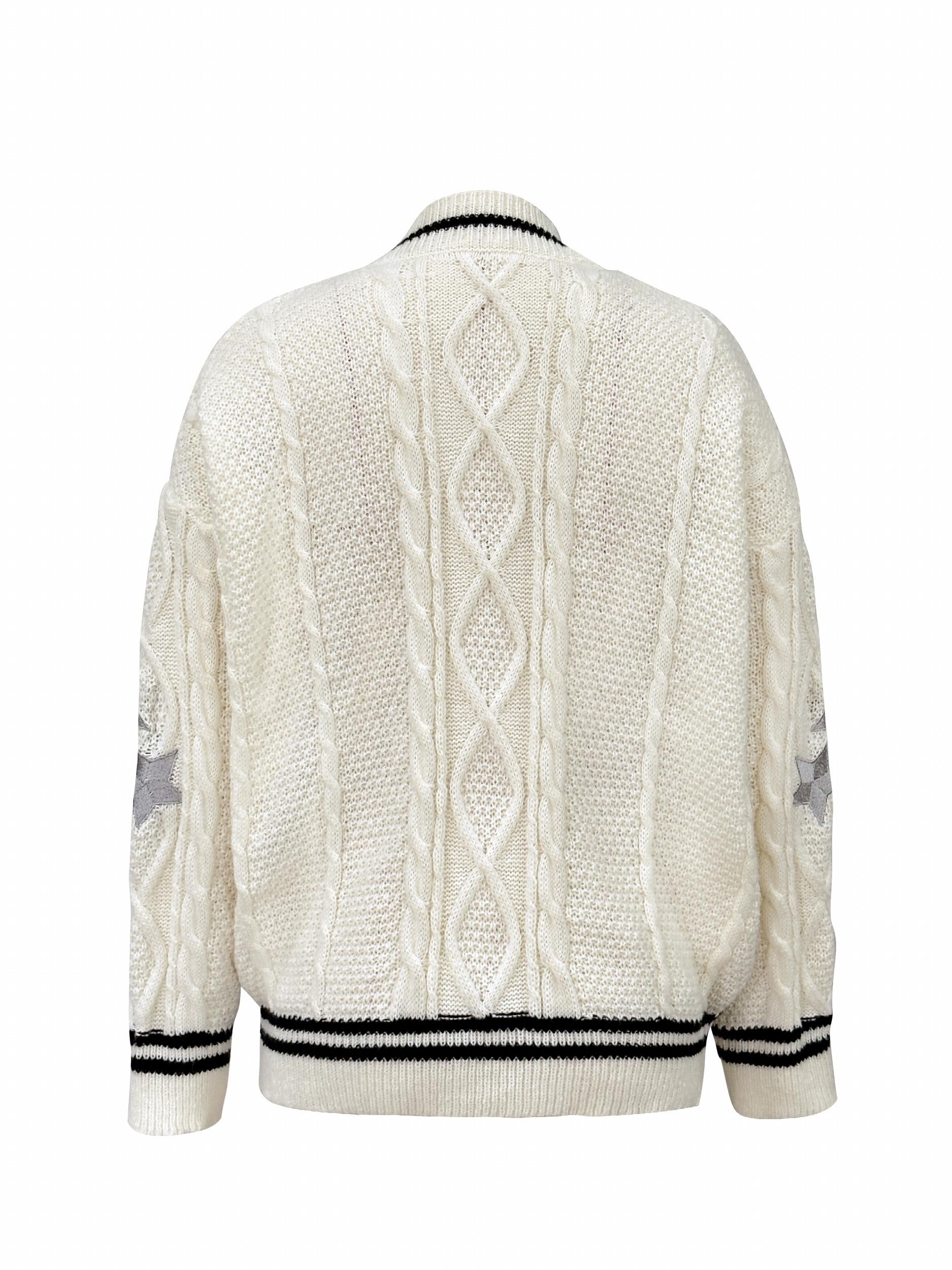 Star Embroidered Contrast Trim Cardigan Long Sleeve Casual Fall Winter