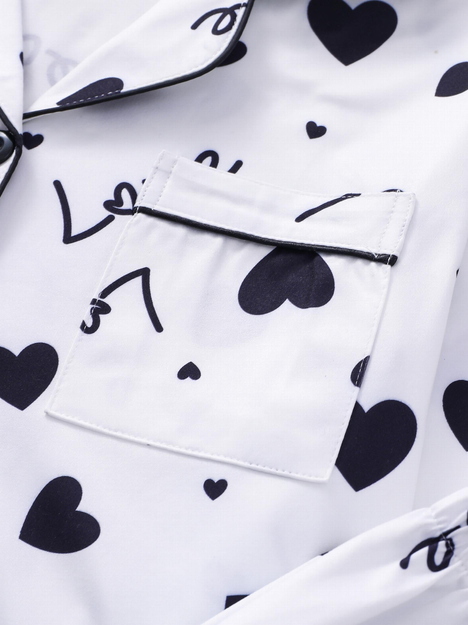 Heart Print Pajama Set Long Sleeve Buttons Top & Elastic Waistband Pants