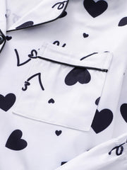 Heart Print Pajama Set Long Sleeve Buttons Top & Elastic Waistband Pants