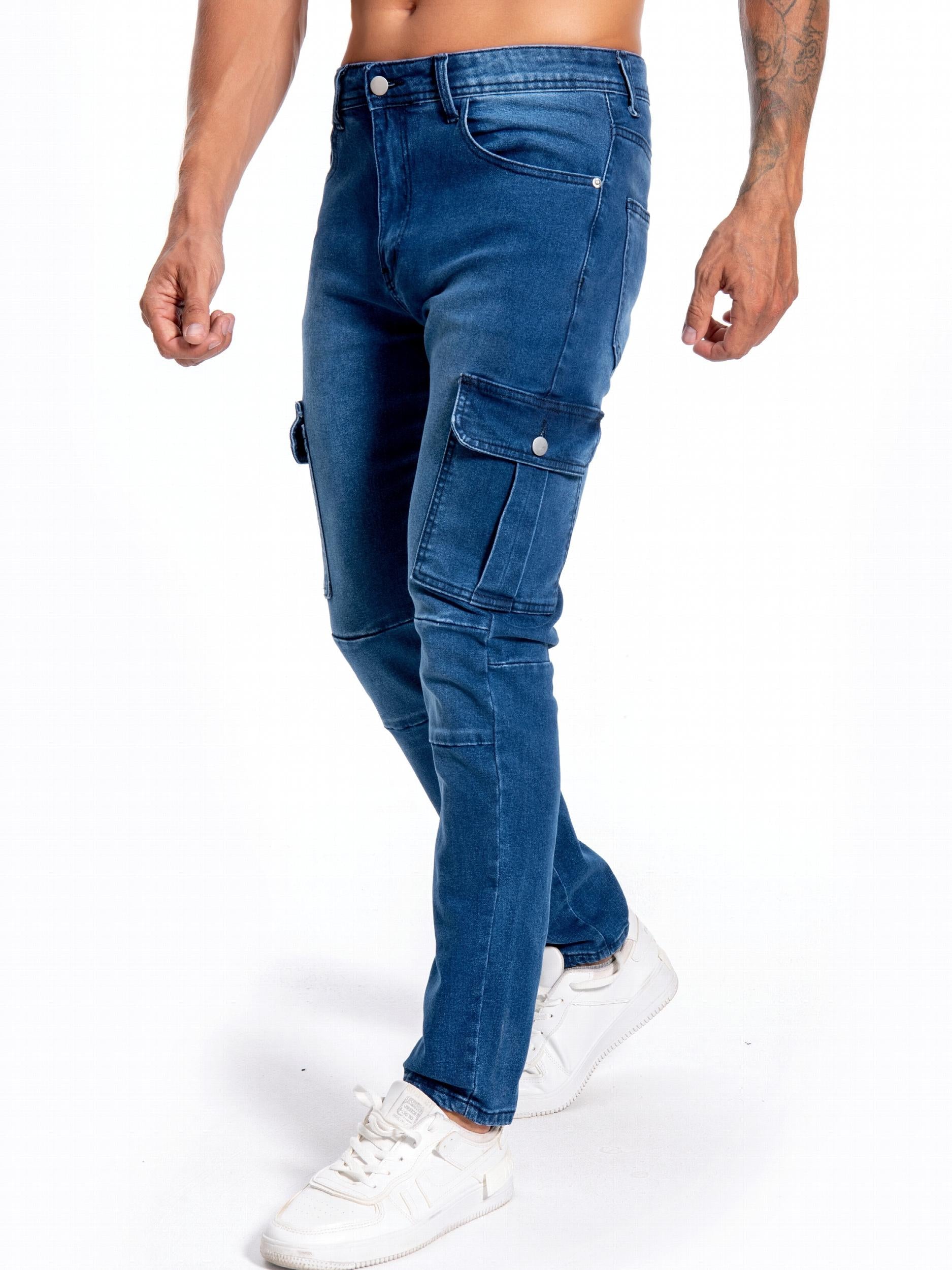 Men's Slim Fit Flap Pocket Jeans Distressed Denim Pants