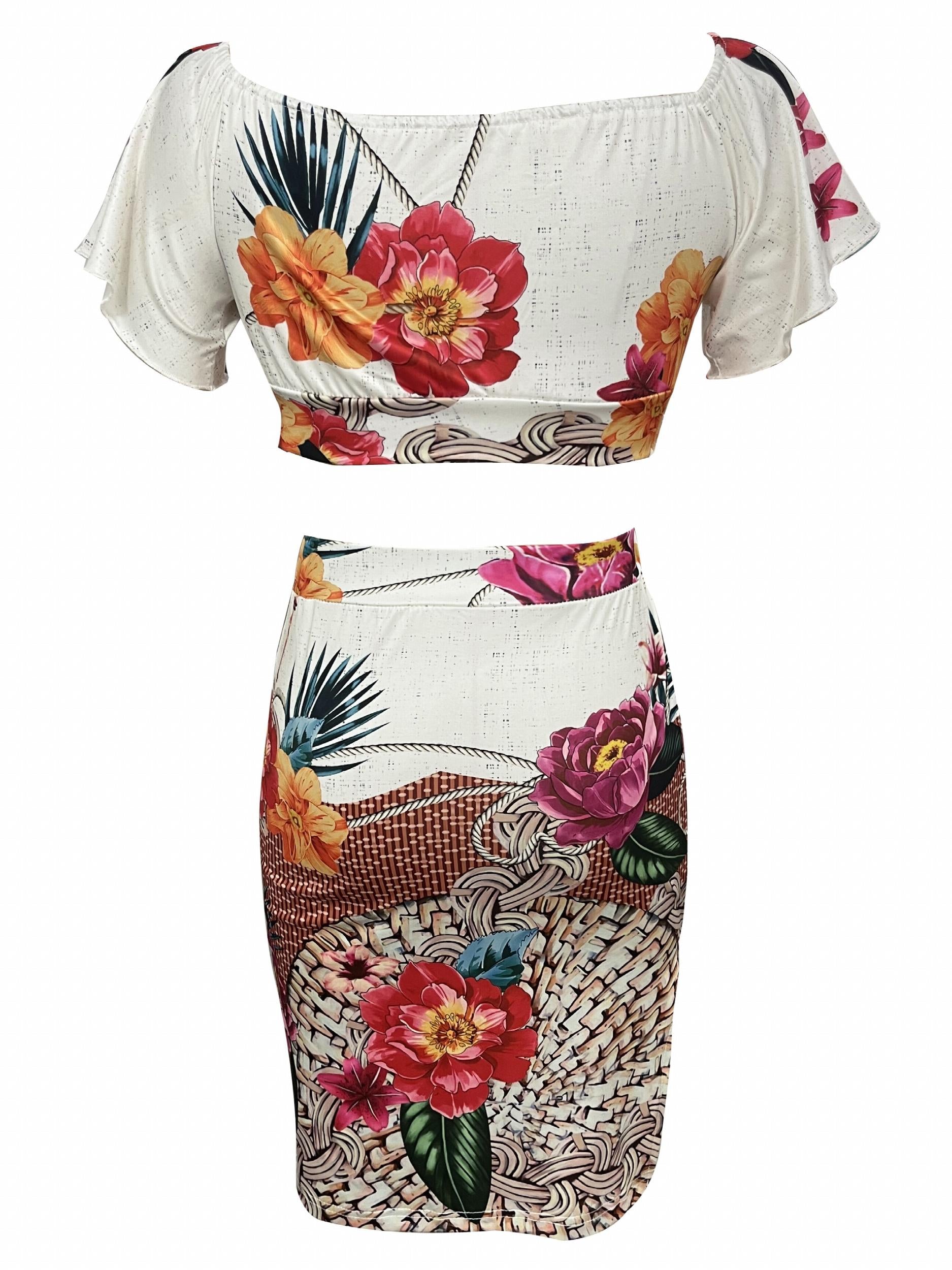 Floral Print Two piece Skirt Set Crop Sweetheart Neck Top & High Waist