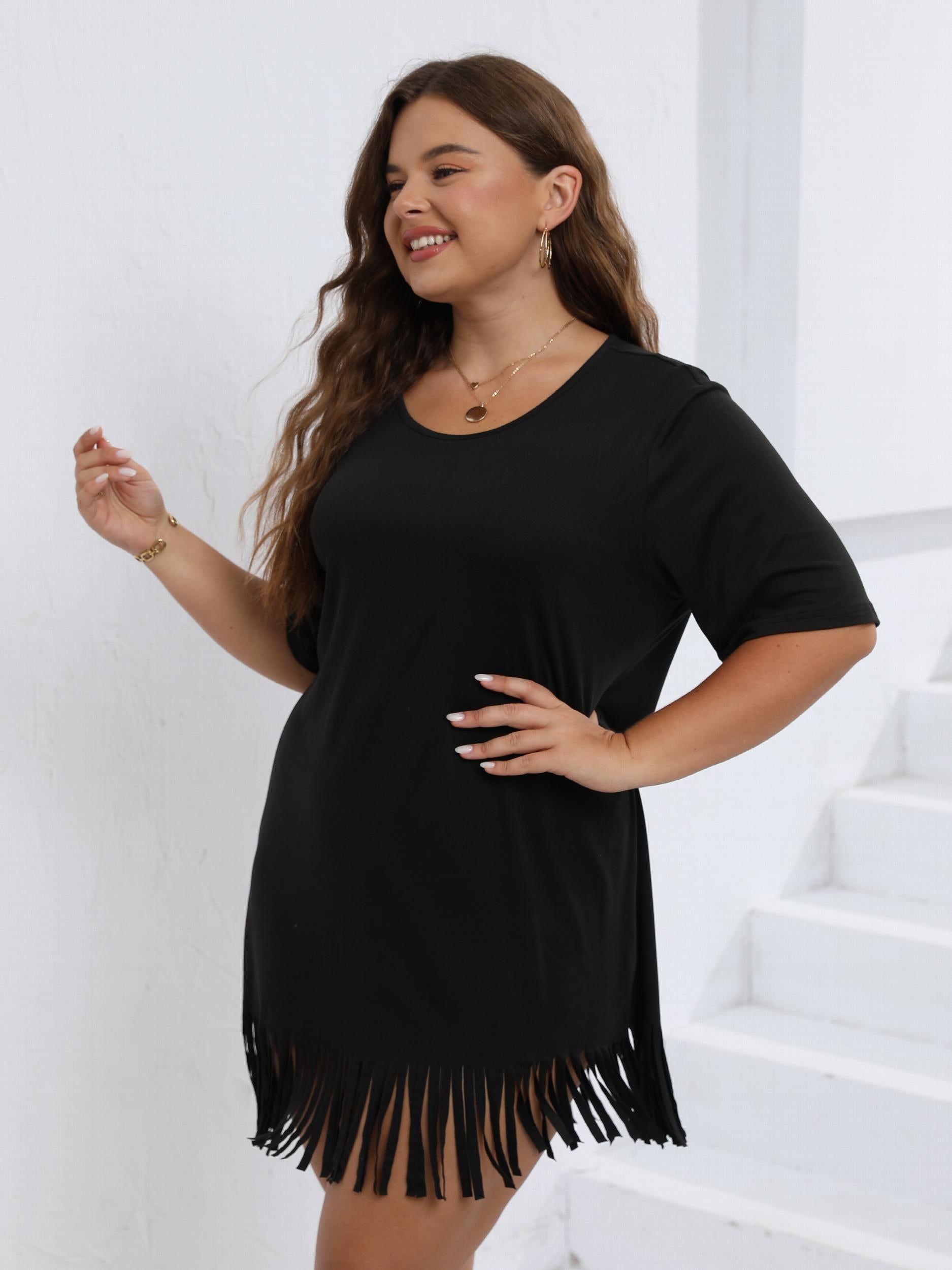  Casual Mini Dress Solid Short Sleeve Round Neck Fringe Trim