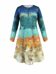 Women's Plus Painting Print Long Sleeve Round Neck Zip Dress