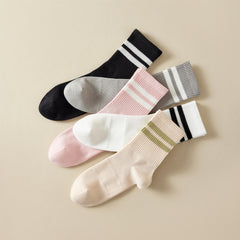 5 Pairs Stripe Print Ribbed Socks Soft Mid Tube Women's Stockings