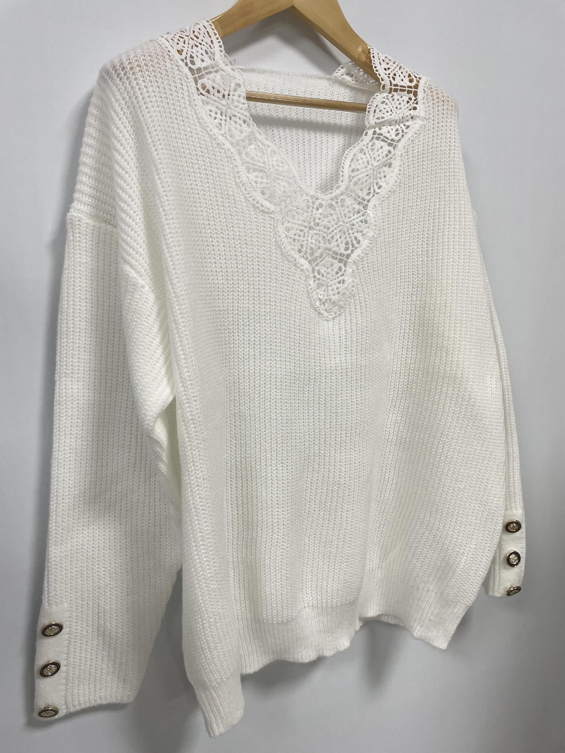  Lace Button Decor V Neck Pullover Jumper