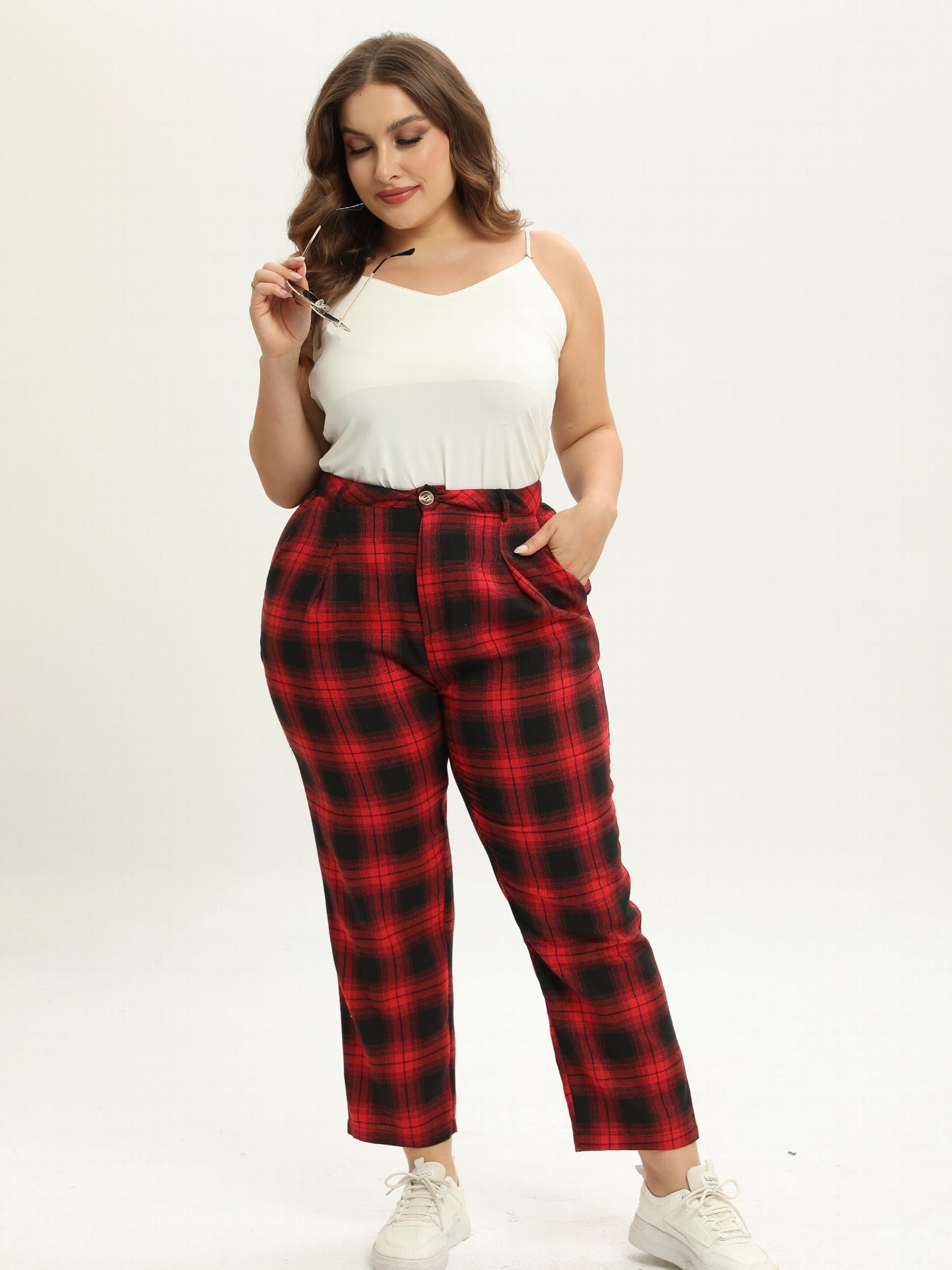 Women's Plus Plaid Print High Rise Wide Leg Trousers