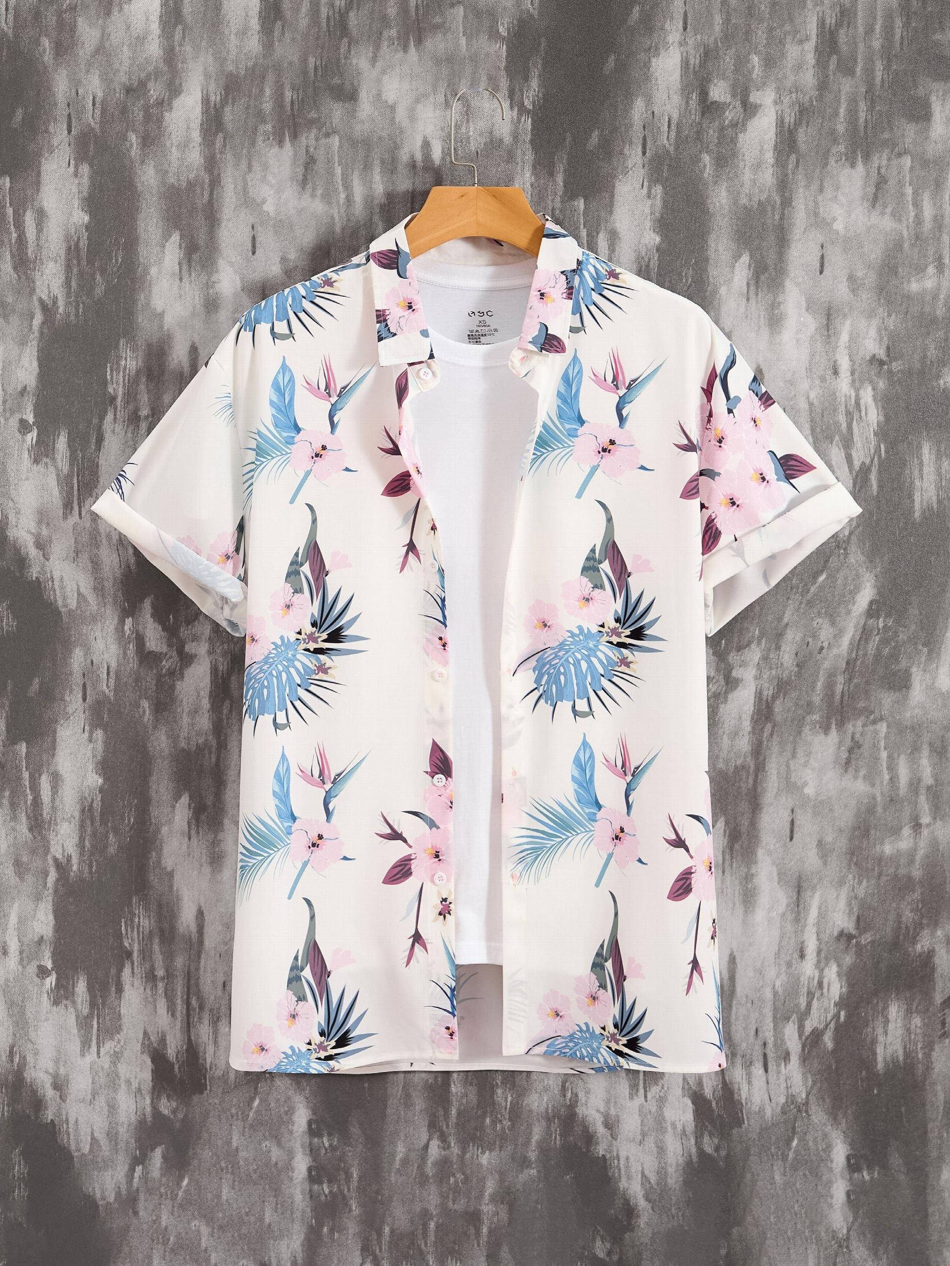 Men's Casual Mushroom Block Leaf Flower Pattern Print Short Sleeve Shirt