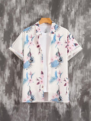 Men's Casual Mushroom Block Leaf Flower Pattern Print Short Sleeve Shirt