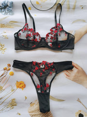  Floral Embroidered Mesh Bra & Panty Lingerie Set