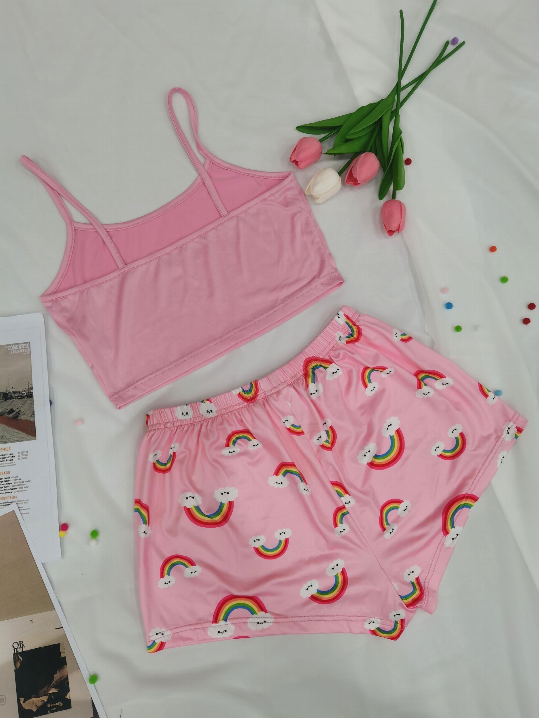 Rainbow Print Pajama Set Cami Top & Shorts Women's Sleepwear