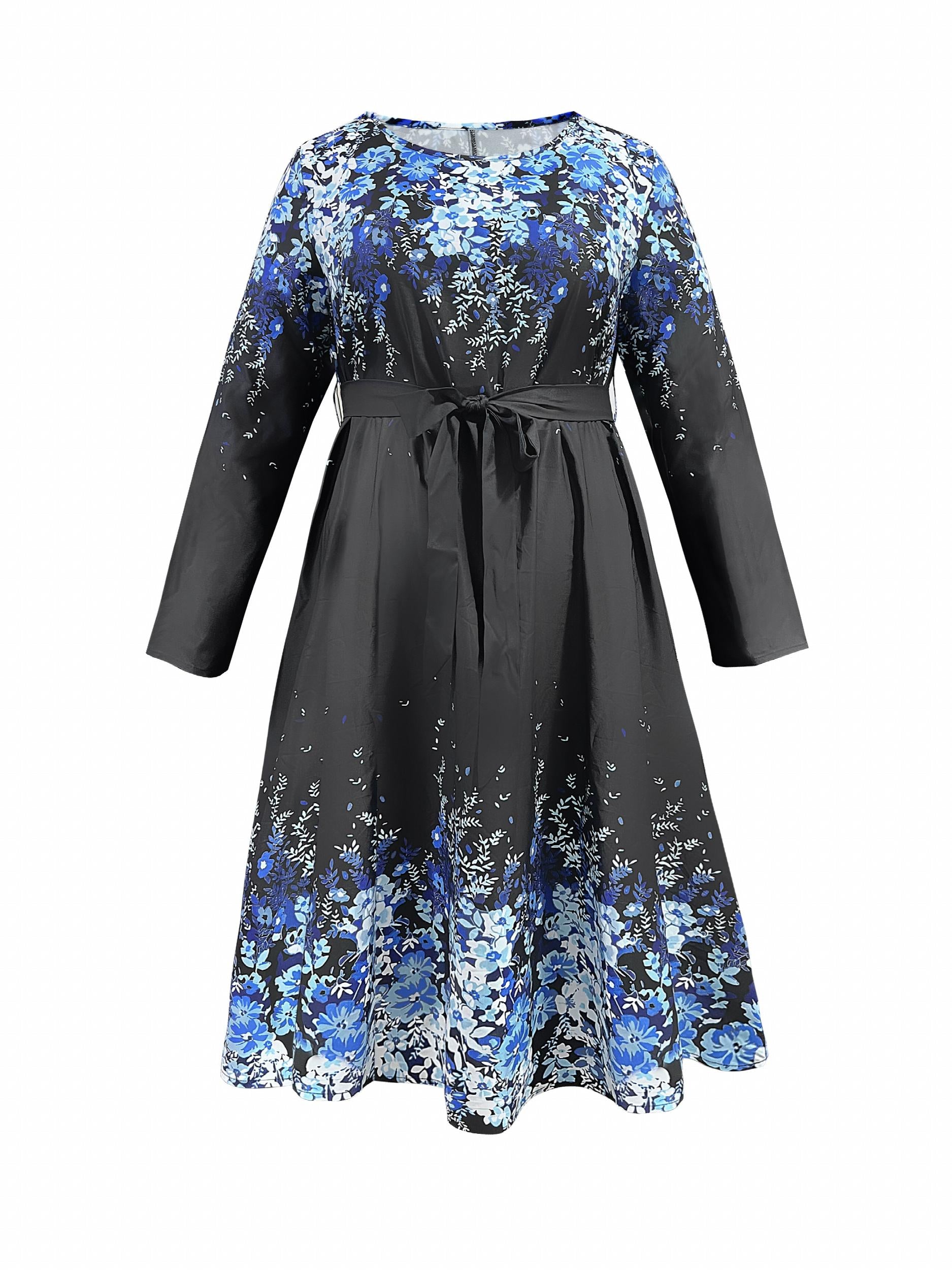  Colorblock Floral Print Round Neck Midi Dress