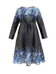  Colorblock Floral Print Round Neck Midi Dress