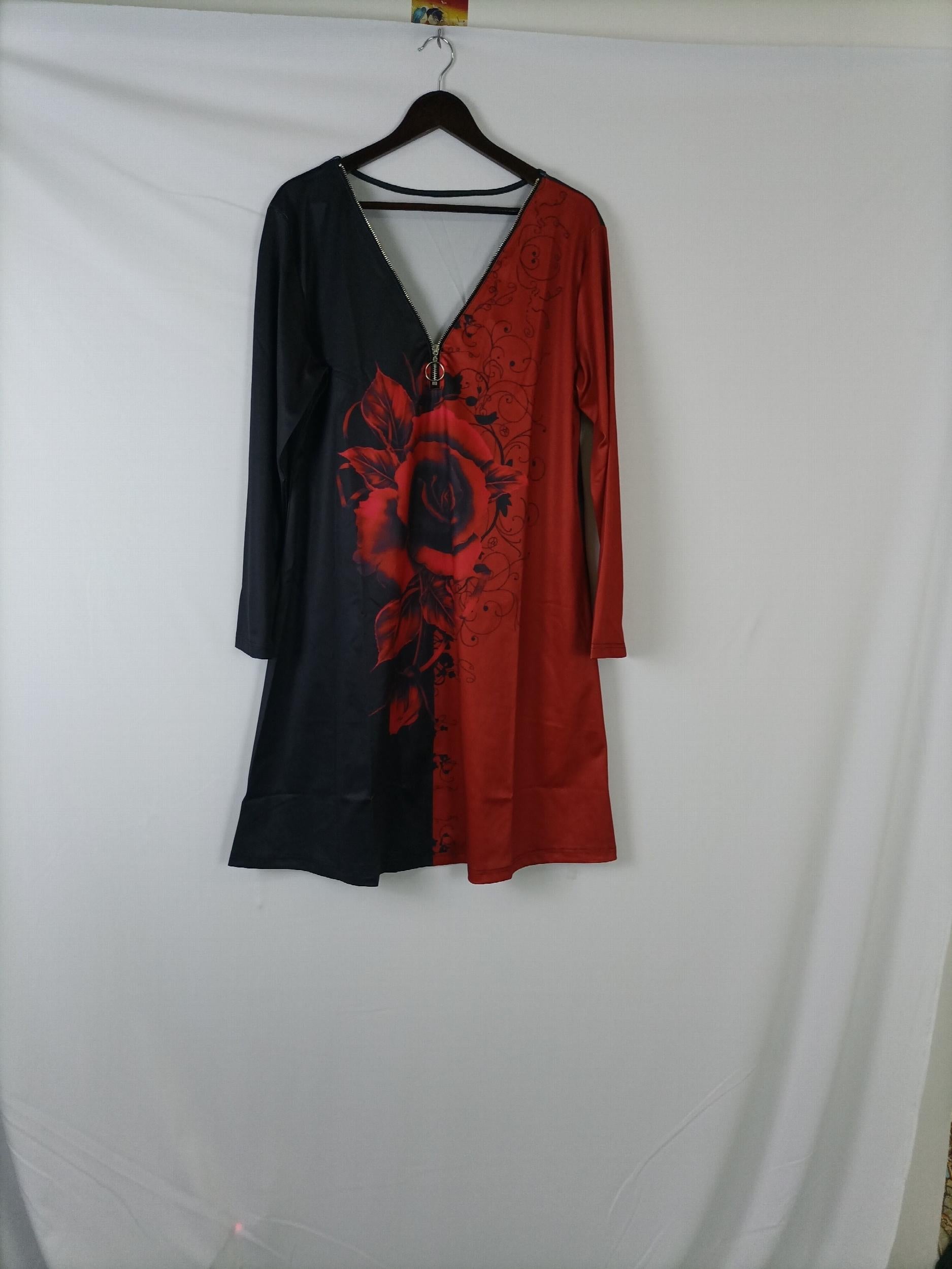  Colorblock Floral Print Zipper Long Sleeve V Neck Dress