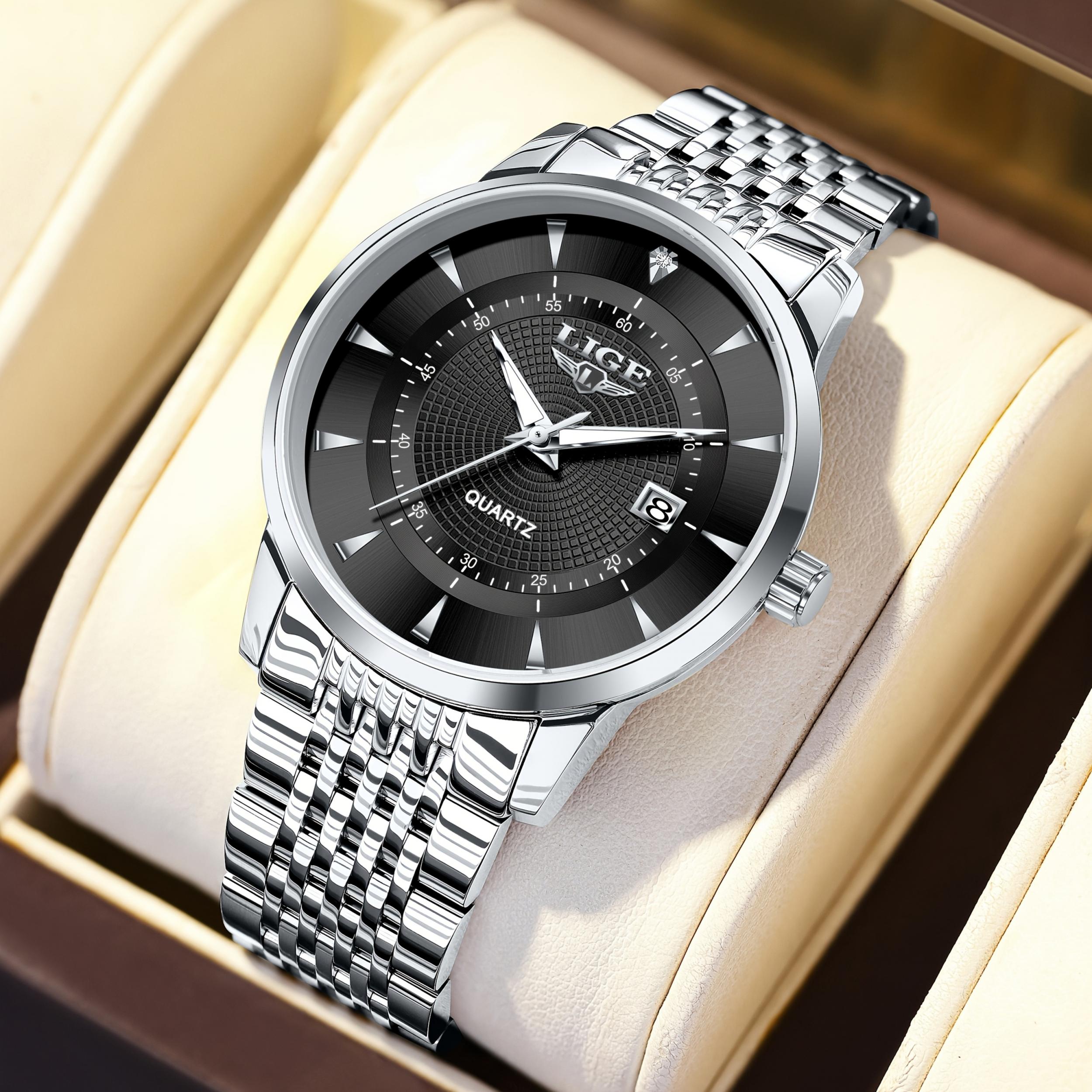 LIGE Quartz Watch Stainless Steel Strap Automatic Date Student Watch