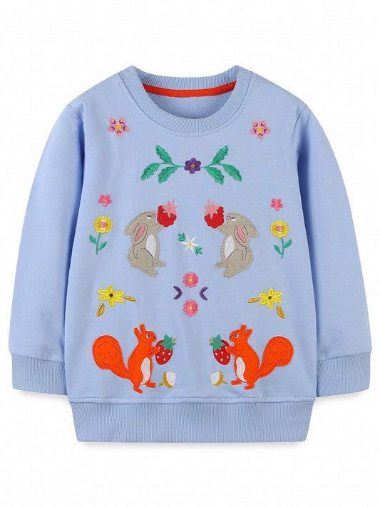 Girls Elephant Embroidery Sweatshirt Long Sleeve Pullover Cotton Tops For Kids