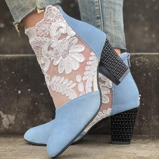 Women's Embroidered Decor Heels Back Zipper Shoes