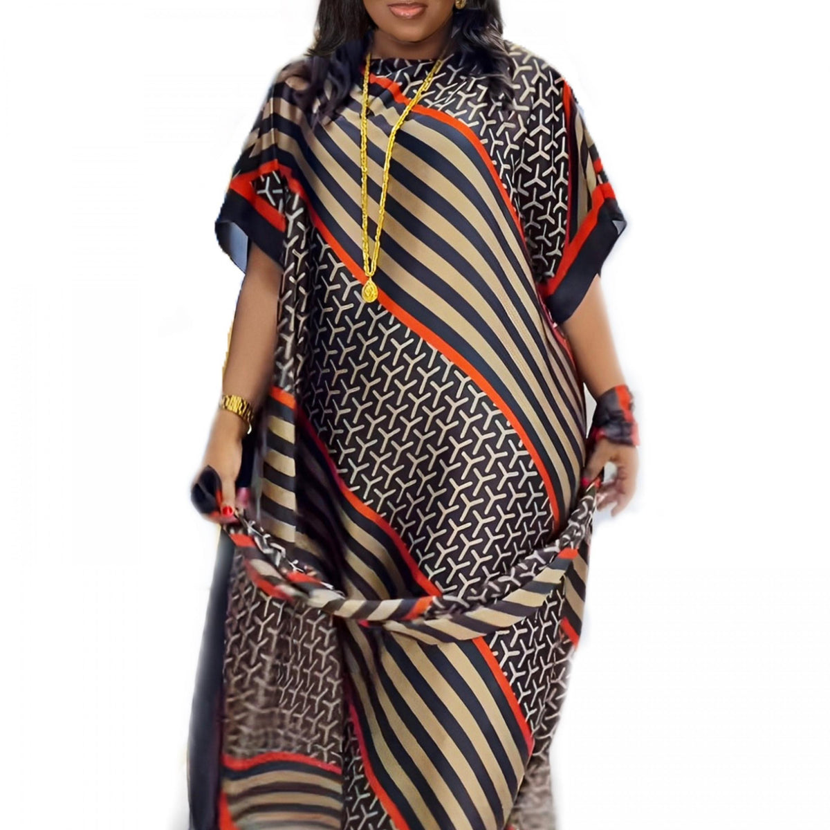  Colorblock Stripe Geometric Print Batwing Kaftan Dress