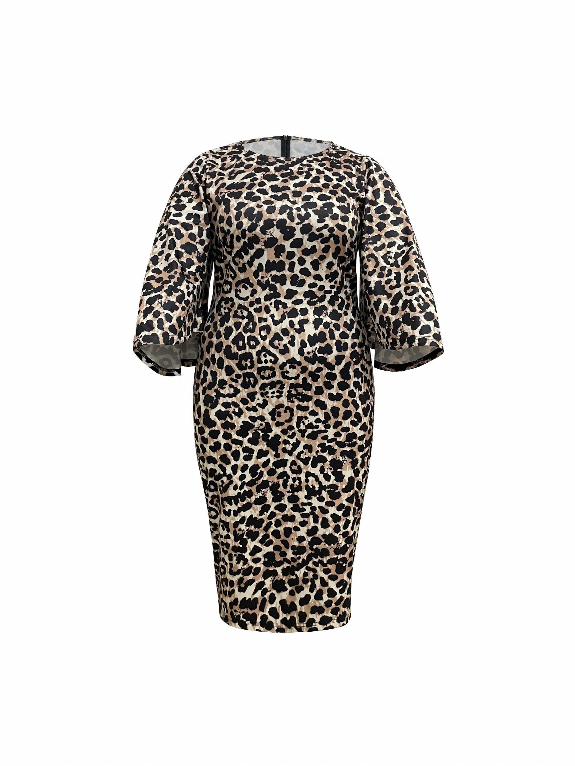 Women's Plus Leopard Print Bell Sleeve Round Neck Slim Fit Dress