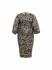 Women's Plus Leopard Print Bell Sleeve Round Neck Slim Fit Dress