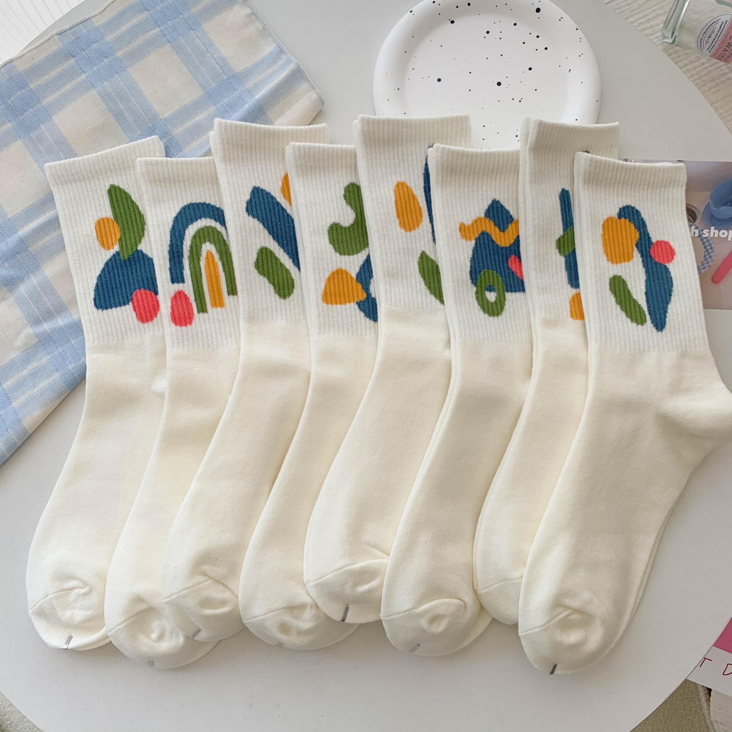 8 Pairs Graffiti Pattern Mid Tube Socks Soft Women's Stockings
