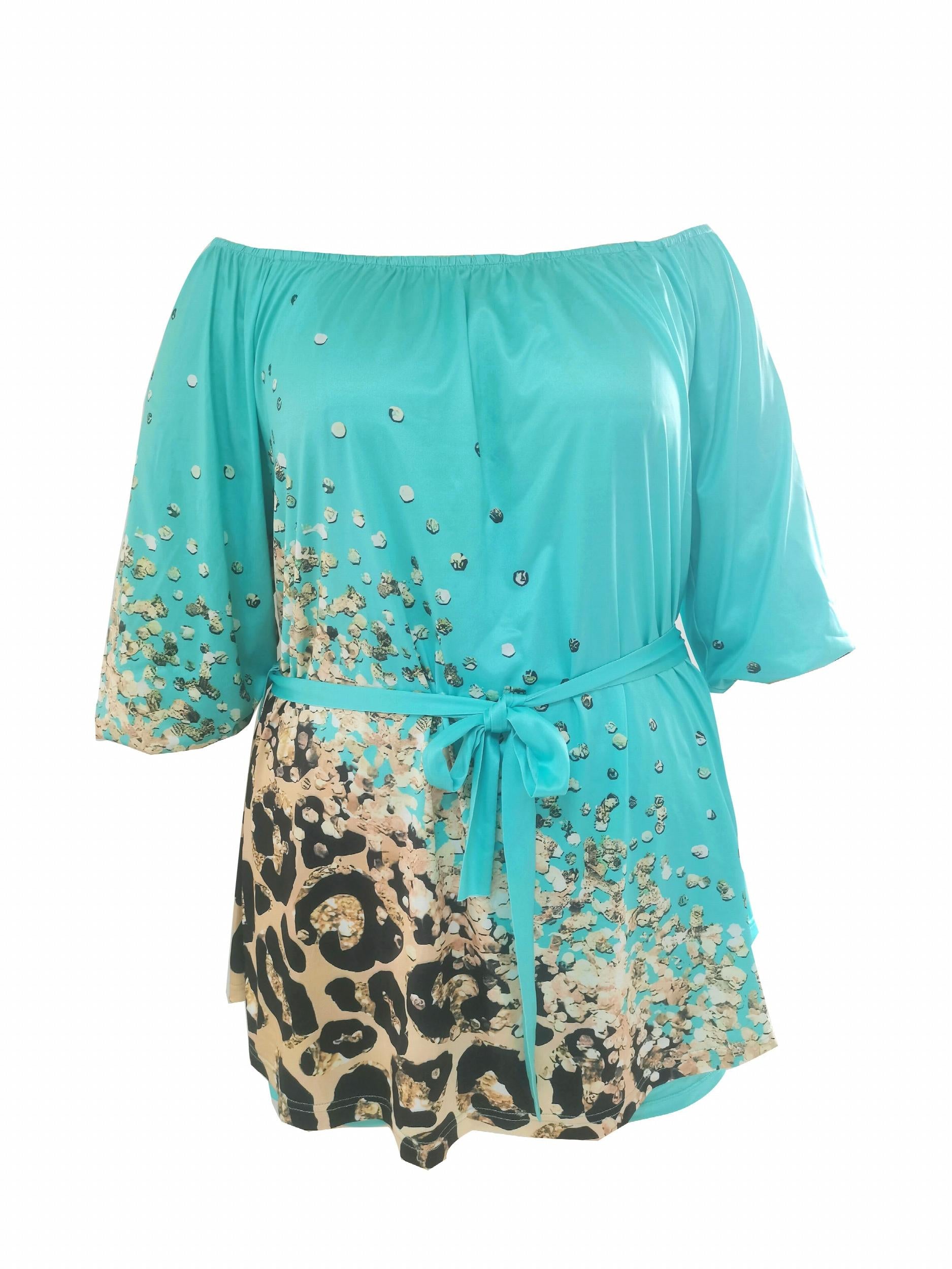  Leopard Print Off Shoulder Top & Shorts Set
